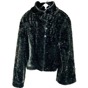 Kristen Blake Faux Fur Jacket Women's XS Lined Smocked Collared Black Gray Plush